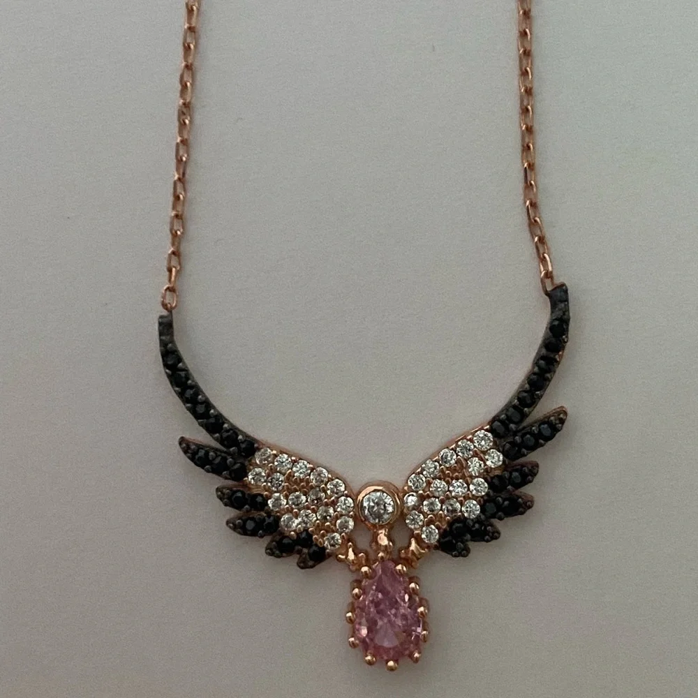 925 Silver angel wing necklace cz 14k rose gold plated with big pink stone wings